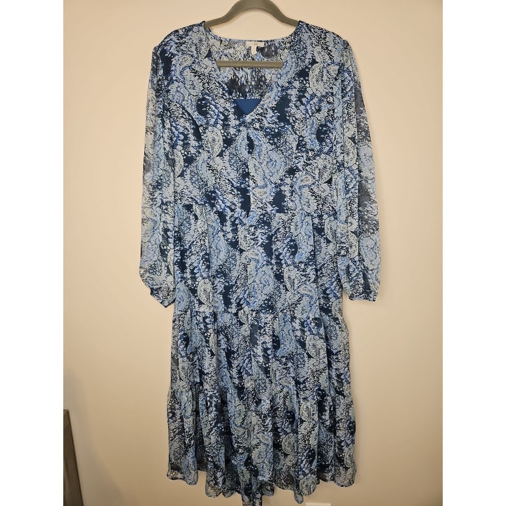 Joie Dress L Blue Parisian Paisley Tiered Midi Coastal CottageCore Boho Fairy